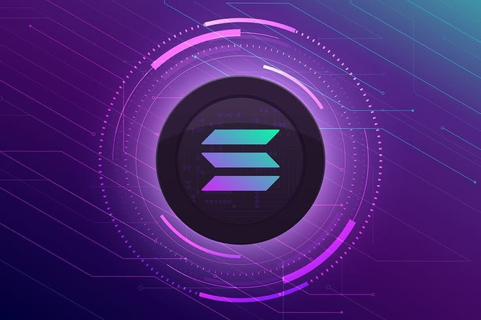 A digital graphic featuring the Solana logo in cyan and purple within a circular futuristic design against a purple and blue circuit-board background.
