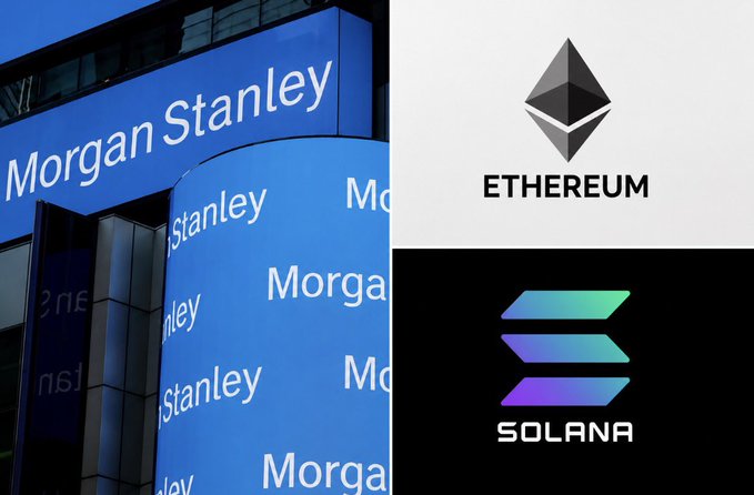 The image is a three-panel composite showing the Morgan Stanley logo on a blue building sign on the left, the Ethereum logo and name on a white background in the top right, and the Solana logo and name on a black background in the bottom right. It visually represents Morgan Stanley's launch of new Ethereum ($MSSE) and Solana ($MSOL) exchange-traded products with staking on NYSE Arca, as detailed in the accompanying announcement.