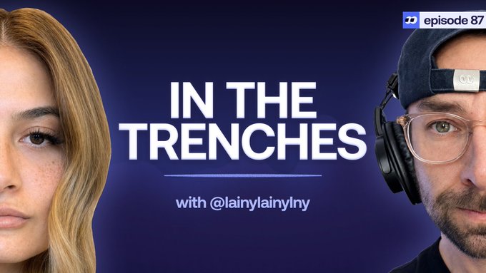 A podcast thumbnail titled 'IN THE TRENCHES with @lainylainylny' marked 'episode 87', showing a woman on the left and a man wearing headphones and a backwards cap on the right.