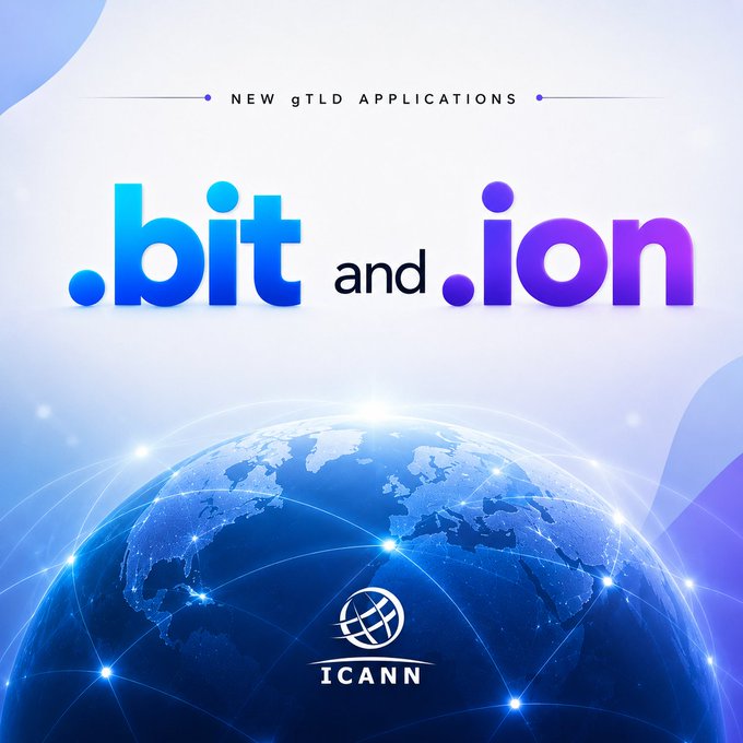 A graphic announces "NEW gTLD APPLICATIONS" for ".bit and .ion" in bold blue and purple text, set against a backdrop of a glowing blue globe featuring the ICANN logo, visually representing the organization's formal application to operate these new top-level domains.