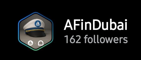 A profile card for 'AFinDubai' showing 162 followers, featuring a hexagonal icon with a captain's hat and a small 'A' logo.
