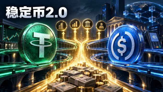 A vibrant digital promotional graphic titled '稳定币2.0' (Stablecoin 2.0) in Chinese, featuring large green Tether (USDT) and blue USD Coin (USDC) coins flanking stacks of gold bars and dollar bills.