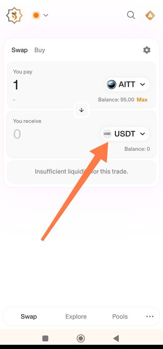 A screenshot of MetaMask's Swap interface shows a trade attempt to exchange 1 AITT for USDT, which fails due to "Insufficient liquidity for this trade," illustrating the post's warning that sellers may regret liquidating AITT too early before the project reaches its full external listing value.