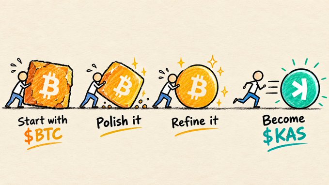 A hand-drawn illustration depicting the process of converting cryptocurrency: a stick figure pushes a rough Bitcoin block, polishes it, refines it, and runs off with a green '$KAS' coin.
