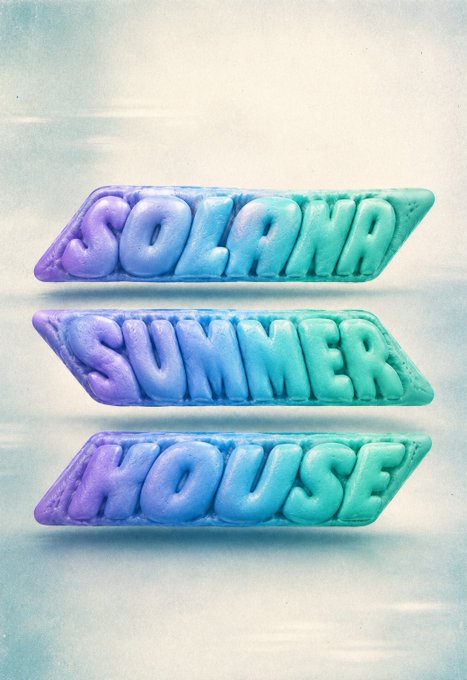A 3D-styled graphic with purple-to-teal gradient text reading "SOLANA SUMMER HOUSE" stacked on three angled bars against a sky background.