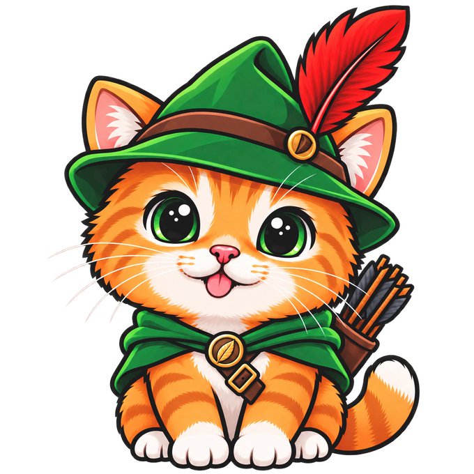 A cute cartoon illustration depicts an orange tabby kitten wearing a green Robin Hood-style hat with a red feather and green cape, with a quiver of arrows on its back.