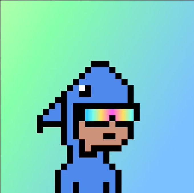 A pixel art character wearing a blue shark or dinosaur hood and rainbow-striped shutter shades, set against a green-to-blue gradient background.