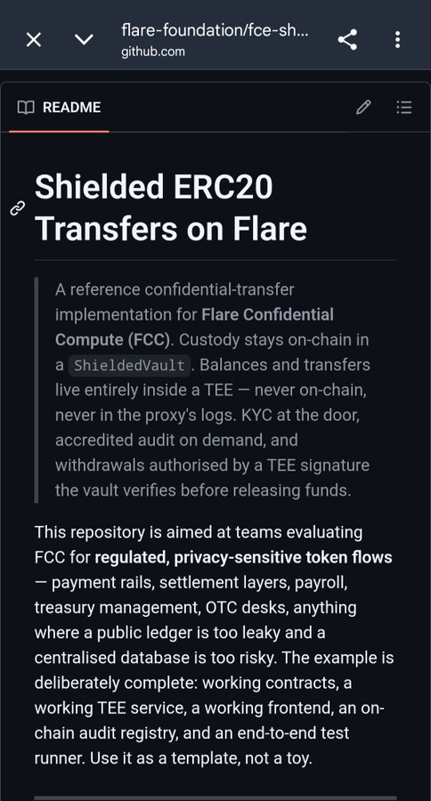 A mobile view of a GitHub README from flare-foundation/fcc-sh... titled 'Shielded ERC20 Transfers on Flare,' describing a reference confidential-transfer implementation for Flare Confidential Compute (FCC) with on-chain custody in a ShieldedVault.
