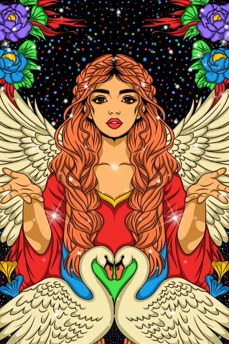 A vibrant, stylized illustration features a woman with long flowing orange hair and large white wings, wearing a red dress, holding hands with a green swan, set against a starry background with decorative flowers.