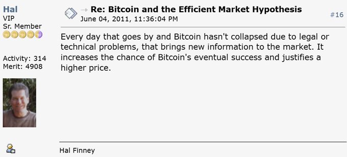 In the image, there is a man with brown hair dressed in a blue shirt looking at his cell phone screen which has text from a Twitter post regarding Bitcoin and the market hypothesis. The man's interest seems to be piqued by the content of the post, as he is engaged with it.