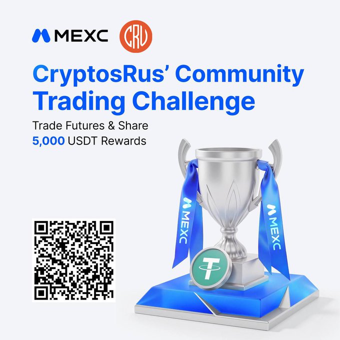 A promotional graphic for the "CryptosRus' Community Trading Challenge" co-branded by MEXC and CRU, featuring a silver trophy with blue MEXC ribbons alongside a Tether (USDT) coin, highlighting 5,000 USDT in futures trading rewards and a QR code for registration—directly matching the CRU x MEXC Regional Futures Trading Competition campaign.