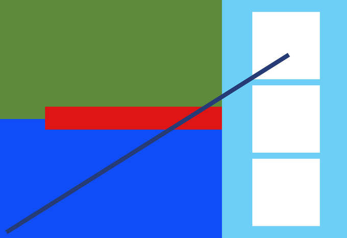 A geometric composition with green and blue rectangular fields, a red horizontal bar, a diagonal navy line, and a light blue section containing three stacked white squares.