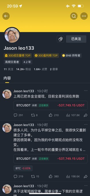A Chinese social media profile page for "Jason leo133" (4.2 年, 14.2K fans), showing posts about closing BTCUSDT positions with a -537,749.15 USDT loss and references to "Target bro" shutting down live trading due to pressure from whales.