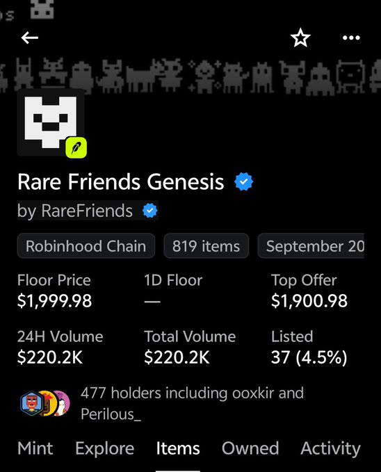 A screenshot from OpenSea showing the 'Rare Friends Genesis' NFT collection by RareFriends on Robinhood Chain, with floor price $1,999.98, top offer $1,900.98, and 24H volume of $220.2K across 819 items.