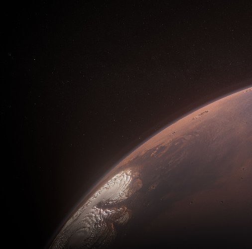 A space scene showing the reddish-brown curved horizon of a Mars-like planet against a starry black sky.