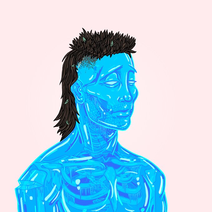 A digital illustration of a blue, transparent figure with a skeletal structure, sporting a dark spiky mullet hairstyle against a light pink background.