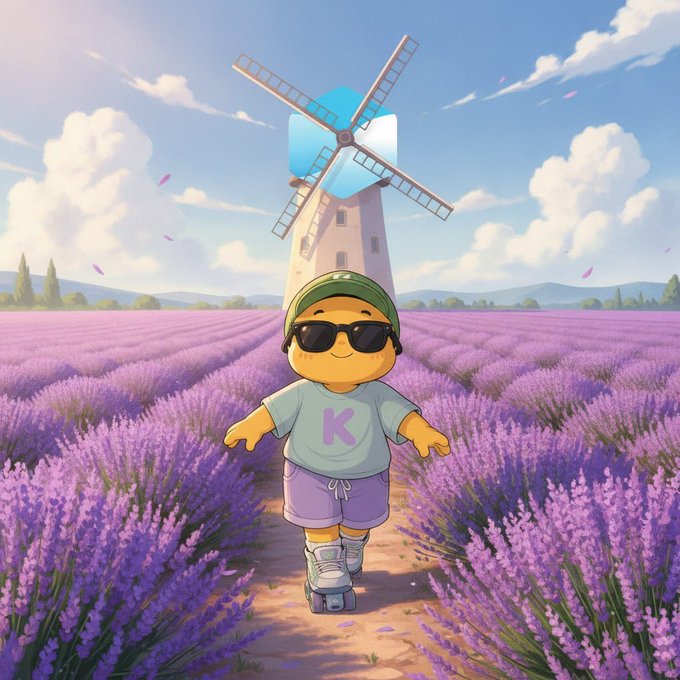 A cute, stylized illustration of a child wearing sunglasses, a green headband, and a shirt with the letter 'K', standing on a path in a lavender field with a windmill behind them.