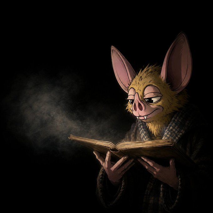 A furry bat-like creature with large pointed ears and sleepy eyes reads an open book against a dark background, with a wisp of smoke rising from the pages.

The image complements "the prophecy continues" by depicting a mystical, scholarly creature poring over ancient pages, evoking the timeless ritual of studying and revealing arcane knowledge from old tomes.