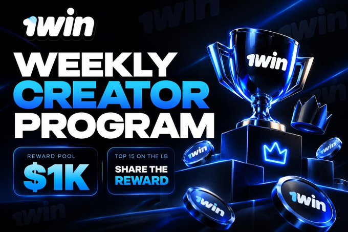 Digital promotional banner for the '1win' platform featuring a blue and black design with a trophy graphic, advertising a 'WEEKLY CREATOR PROGRAM' with a '$1K' reward pool and noting 'TOP 15 ON THE LB SHARE THE REWARD'.