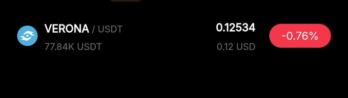The image shows a cryptocurrency price display for VERONA/USDT trading at 0.12534 (down -0.76%), with a 24-hour volume of 77.84K USDT and a price of 0.12 USD. This appears to be a screenshot of a token that recently rebranded to "Verona," likely hinting at a project unveiling a new identity in the crypto space.