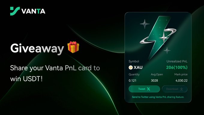 A Vanta promotional giveaway advertisement asking users to share their Vanta PnL card to win USDT, showing an example card for XAU with unrealized PnL of 206 (100%).