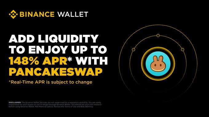 The image features a poster for Bitcoin Wallet, which promotes an event called Pancakeswap. The poster includes a cartoon rabbit as its central design element. It also contains text that encourages users to "Add Liquidity to enjoy up to 140% APR* with Pancakeswap". The post suggests that the rewards offered through this Pancakeswap can be accessed by visiting the provided link, which is located in the bottom right corner of the image.