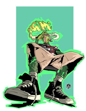 A stylized illustration of a character with green flame-like hair wearing a tan coat, dark pants, and large sneakers against a teal background.