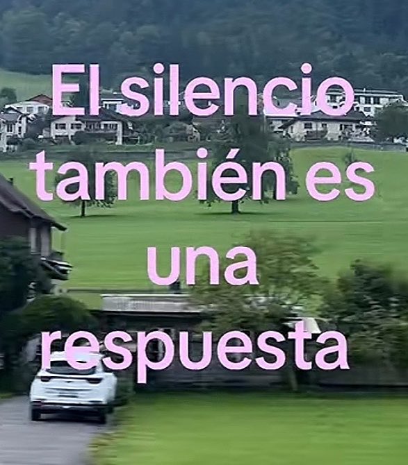 A scenic view of a green countryside village with a white car, overlaid with the pink Spanish text 'El silencio también es una respuesta' (Silence is also a response).