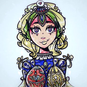 A colorful, stylized drawing depicts a blonde-haired anime-style character with large purple eyes, wearing an ornate blue and red outfit with intricate patterns and a jeweled headpiece.