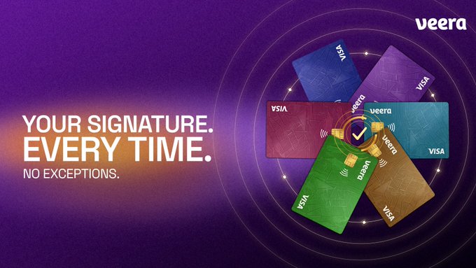 Veera crypto cards arranged in a starburst with a central checkmark and the tagline "Your Signature. Every Time. No Exceptions," visually reinforcing the message that every transaction requires user authorization.