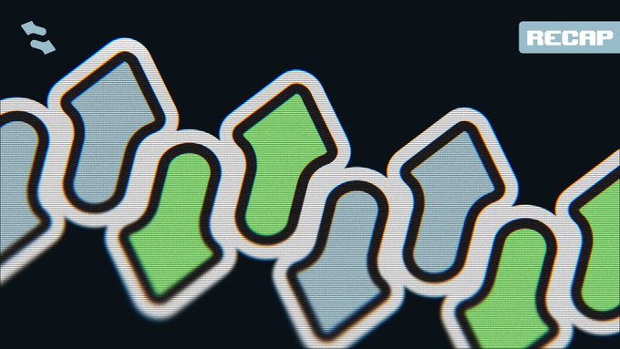 The image features an abstract geometric pattern of interlocking blue and green shapes with a "RECAP" label in the corner, serving as a stylized visual for a summary. It pairs with the post's bullish thesis on $KNOTS, described as a long-term, high-yield onchain bond that daily rewards free STONK, using the graphic to frame a recap-style breakdown of the project's fundamentals.