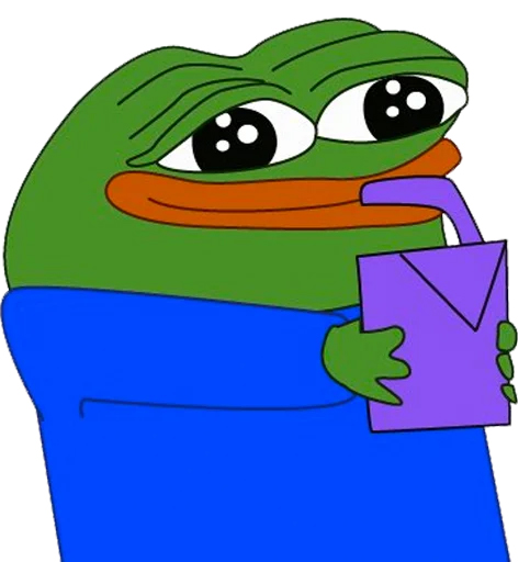 A sad-looking Pepe the Frog character drinks from a purple juice box, mirroring the post's sentiment of "drinking the Kool-Aid" by impulsely buying the TOAD cryptocurrency just to follow friends into the investment.