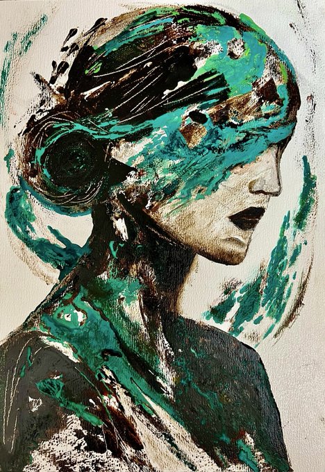 A profile portrait of a woman painted in bold black and turquoise strokes, with swirling teal accents enveloping her face and a hair bun—visually embodying the "Turquoise Tempest" theme of resilience amid darkness referenced in the post.