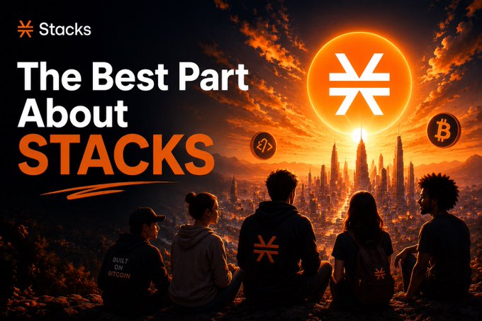 A promotional graphic for Stacks cryptocurrency reading 'The Best Part About STACKS', showing silhouetted figures watching a futuristic city with a glowing Stacks logo and Bitcoin symbols at sunset.