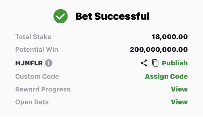 A "Bet Successful" confirmation screen showing a total stake of 18,000.00 with a potential win of 200,000,000.00, associated with the ticker HJNFRL, matching the 0.5 HT bet referenced in the Telegram link (t.me/ItzampTG).