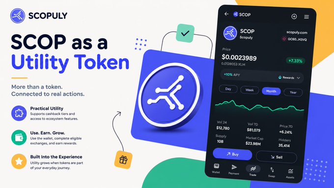 A promotional graphic for “SCOPULY” reads “SCOP as a Utility Token” and “More than a token. Connected to real actions,” beside a phone mockup showing the “SCOP” token market screen.