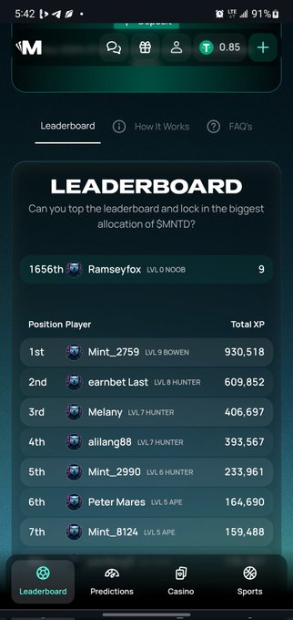 A mobile app leaderboard screen titled 'LEADERBOARD' showing top players with 'Mint_2759' in 1st place with 930,518 XP and 'earnbet Last' in 2nd with 609,852 XP, asking 'Can you top the leaderboard and lock in the biggest allocation of $MNTD?'