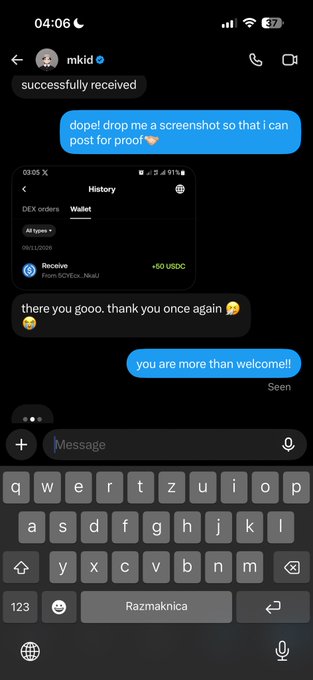 A screenshot of a DM conversation where user "mkid" confirms "successfully received" a $50 USDC reward, shown in a transaction history from "DEK orders" wallet dated 09/11/2026, illustrating the first winner receiving their payout from the giveaway.