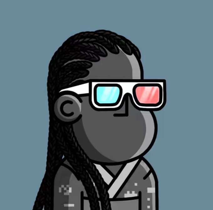 The image features a cartoon character with dreadlocks wearing glasses, standing against a blue background. The character appears to be a 3D rendering of a person who seems to be an NPC (Non-Playable Character) from a video game or animation. The character is described as being in a virtual world and has a unique appearance due to the 3D glasses they are wearing.