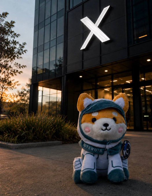 A plush mascot wearing an "ASTEROID" hoodie sits outside a building marked with a large "X" logo, likely referencing the X (formerly Twitter) platform. The image ties into the post's message by showing a cute, approachable figure representing the "meme circle" community's voice being sent to Binance (@heyibinance), advocating for balanced development across multiple tracks rather than focusing solely on bStocks.
