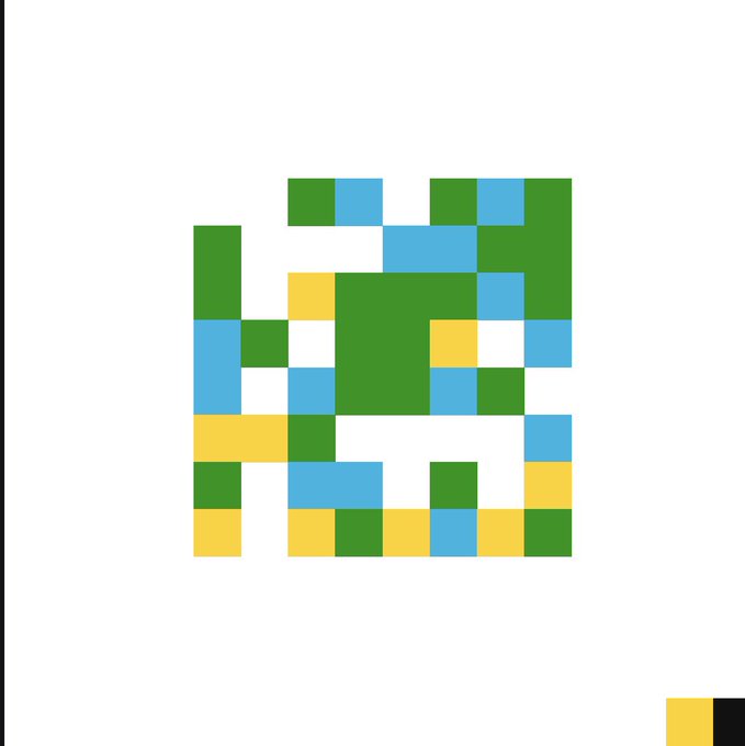 A pixelated graphic design featuring a blocky, abstract figure composed of green, blue, and yellow squares on a white background.