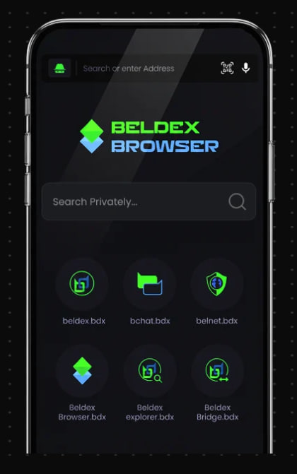 A mobile phone screenshot showing the Beldex Browser interface with a 'Search Privately...' bar and app shortcuts including beldex.bdx, bchat.bdx, belnet.bdx, Beldex Browser.bdx, Beldex explorer.bdx, and Beldex Bridge.bdx.