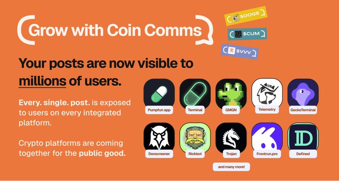 The image features an orange banner that says "Grow with Coin Comm's" at the top, followed by a list of various icons representing different aspects of coin communities. The icons include logos for Bitcoin, Ethereum, Ripple, and Litecoin, as well as other symbols related to cryptocurrency. The text on the banner encourages users to share their posts in the community, stating that "Your posts are now visible to millions of users".