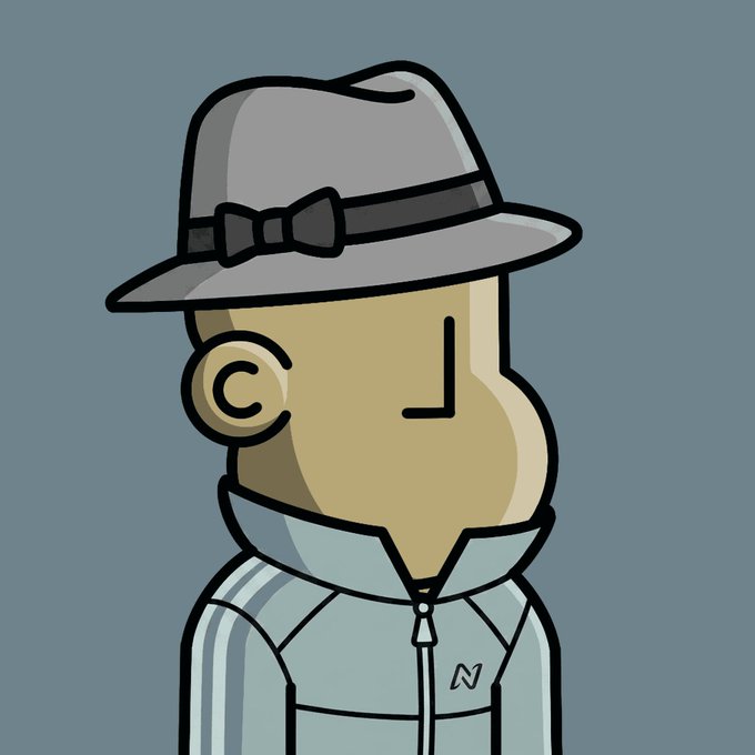 A cartoon illustration of a man in profile wearing a gray fedora hat with a black band and bow, dressed in a light blue tracksuit with stripes and an 'N' logo.