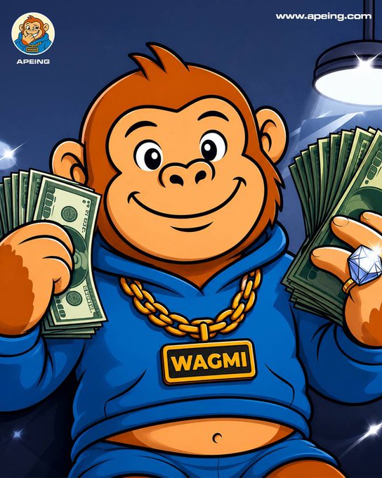 An illustration of a cartoon monkey holding stacks of cash, wearing a blue hoodie and gold chain with a 'WAGMI' pendant, branded with the Apeing logo and www.apeing.com.