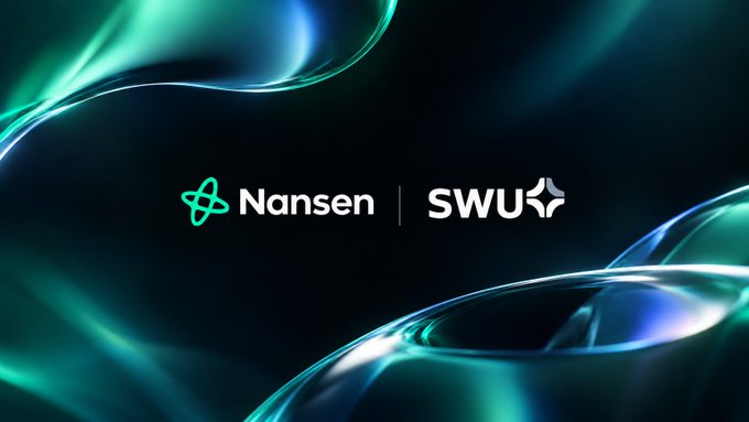 A promotional banner featuring the 'Nansen' logo next to the 'SWU' logo against a dark background with glowing, flowing green and blue abstract ribbons.