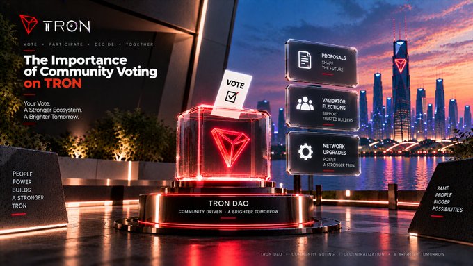 A promotional banner for the TRON DAO community voting features the TRON logo, a glowing ballot box, and sections for proposals, validator elections, and network upgrades against a city skyline.