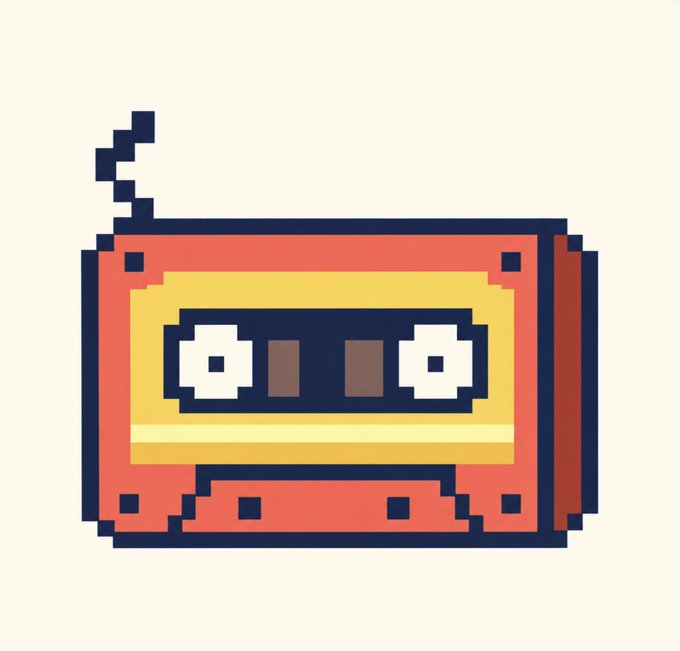 A pixel-style illustration of a red and yellow cassette tape with visible spools, representing one of the 10,000 "TAPEHEADS" pixel cassette characters being minted on the Robinhood Chain via the linked OpenSea collection.