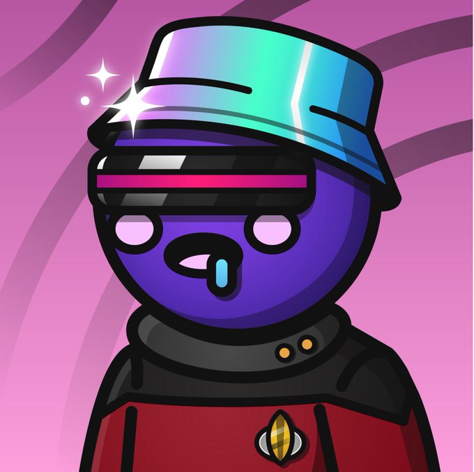 A cartoon illustration of an Among Us crewmate character with a purple visor and red suit, drooling with stars in its eyes against a pink swirled background