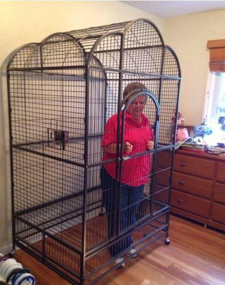 A woman wearing a pink shirt stands in front of an enclosed cage with two wheels, possibly for transporting it around the house or yard. A red sweater can be seen on top of the cage near her. The words "Granny ain't coming out until SOL is back" appear above and below the cage, providing context to the image's content.